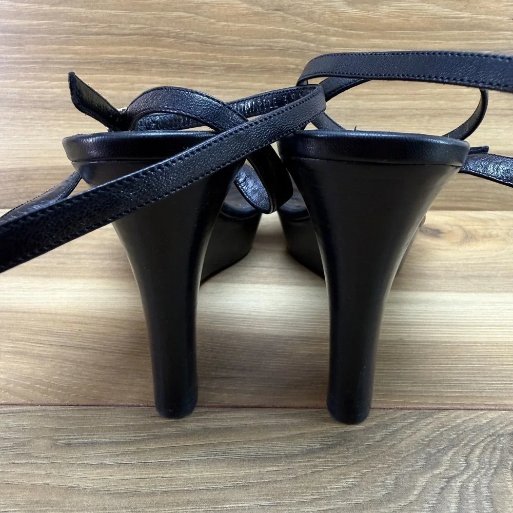 Bally Mapple Wedge Heel 9.5 EU 39.5 Black Leather Ankle Strap Platform Chunky